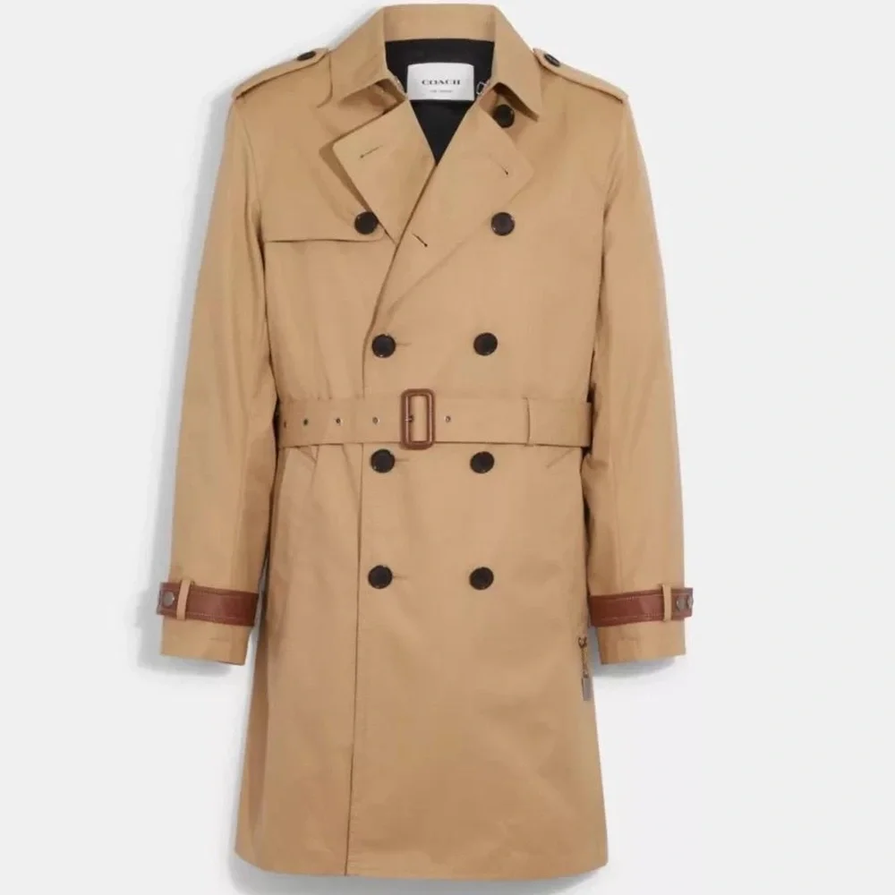 NWT COACH Men’s Trench Coat Khaki Beige Color Size XXL Leather details - Picture 1 of 16